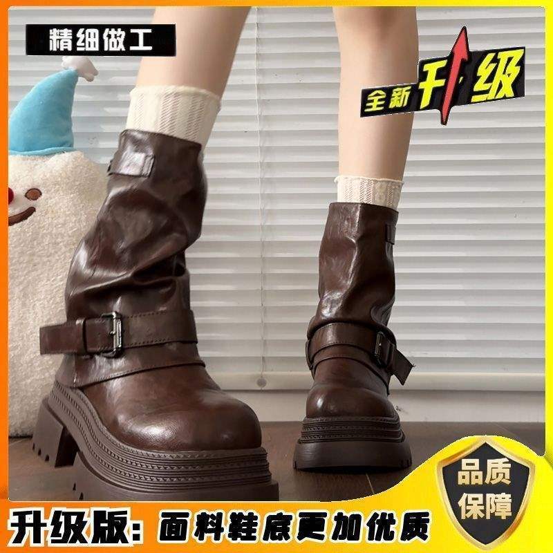 Thick-soled Maillard medium tube short boots for women 2025 new British style retro fashion pleated Martin boots autumn women