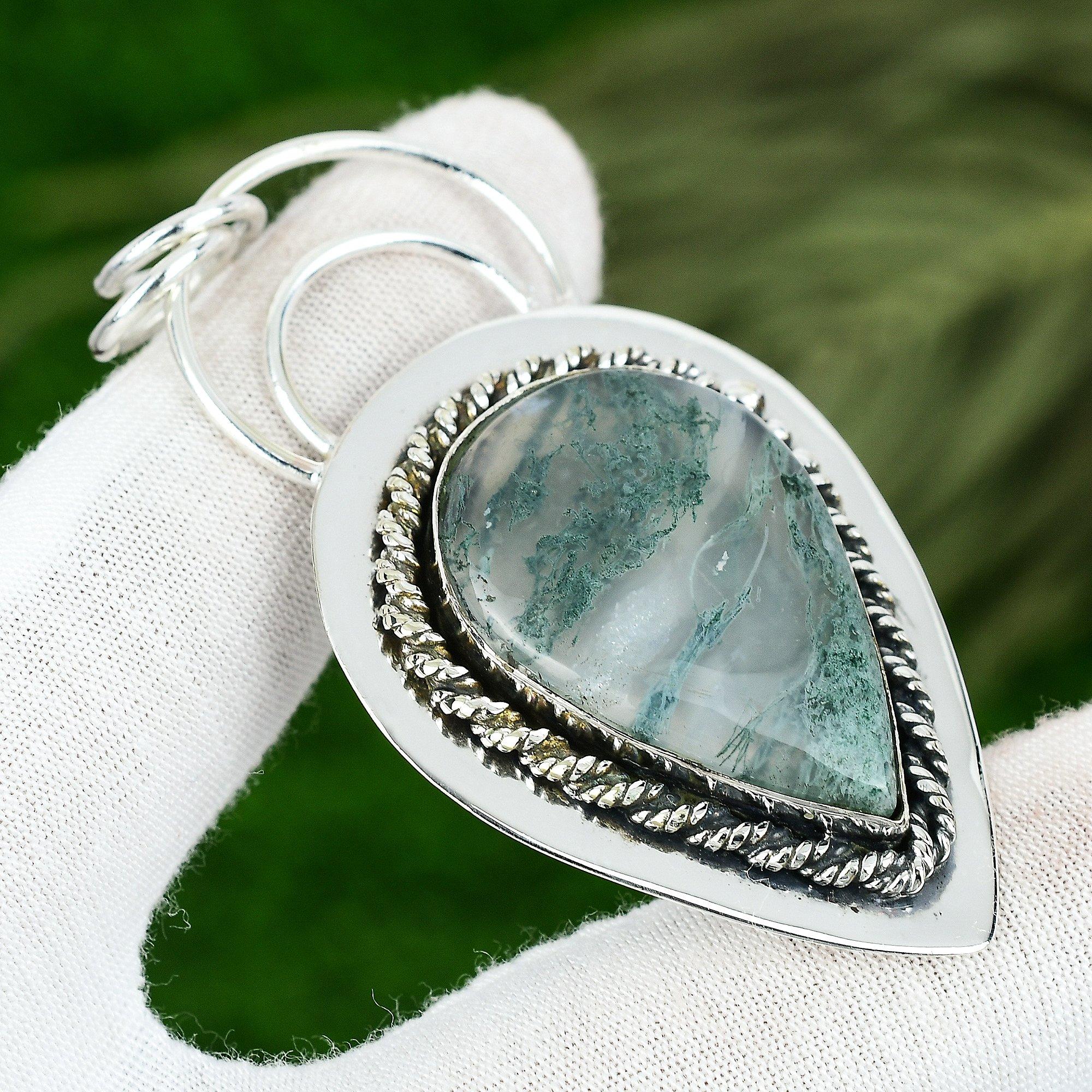 

Sisters Day Deal Sterling Silver Pear Solar Moss Agate Gemstone Daughter Pendant
