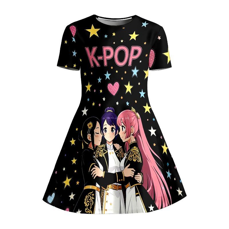 Mädchen K-POP Anime Idol Gruppe Bedrucktes T-Shirt Kleid, Geeignet für Fans und Kinder, Schwarzes Promi- und Herzförmiges Freizeitkleid
