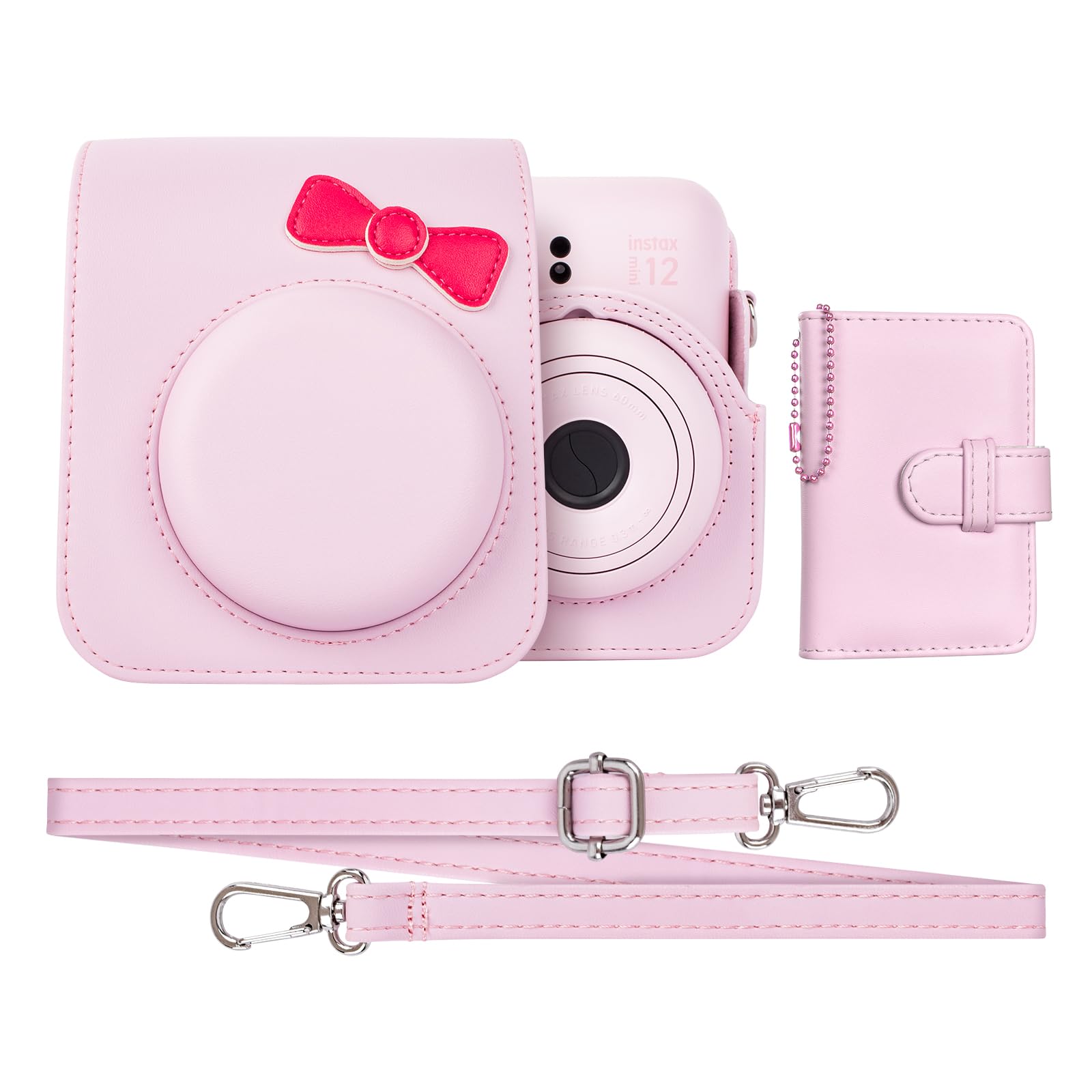 

HIYQIN Cheki Case instax mini 12 Fujifilm Cheki 12 Case and 28 Photo Album Set Cheki mini 12 Camera Case with Shoulder Strap PU Leather Pink Cute рожевий