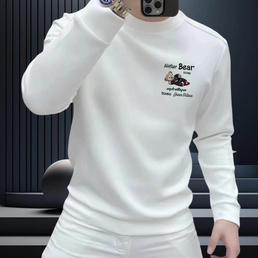Men's Casual Round Neck Hoodie: Heavyweight Autumn/Winter, Plus Velvet, Printed Long Sleeve Fashion Top.