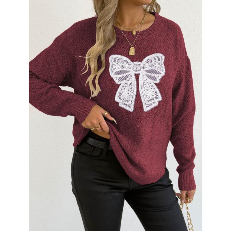 Women S Round Neck Long Sleeve Pullover Sweater Featuring Embroidered Lace Butterfly Splicing
