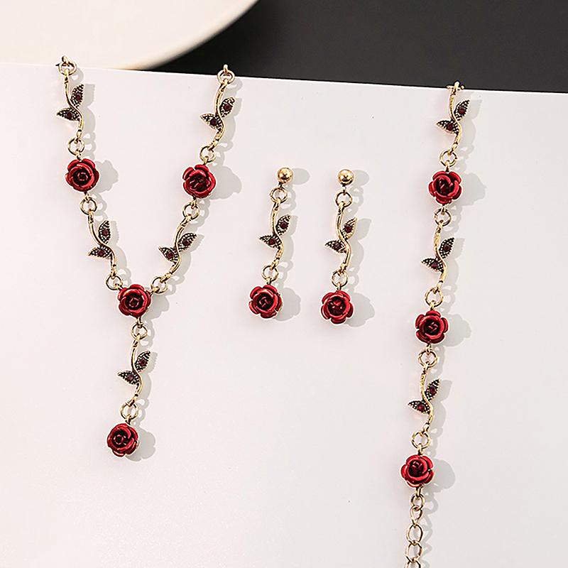 1Pc/Pair/Set Vintage French Rose Flower Necklace Bracelet Earrings Set For Women  Romantic Engagement Jewelry Accessories