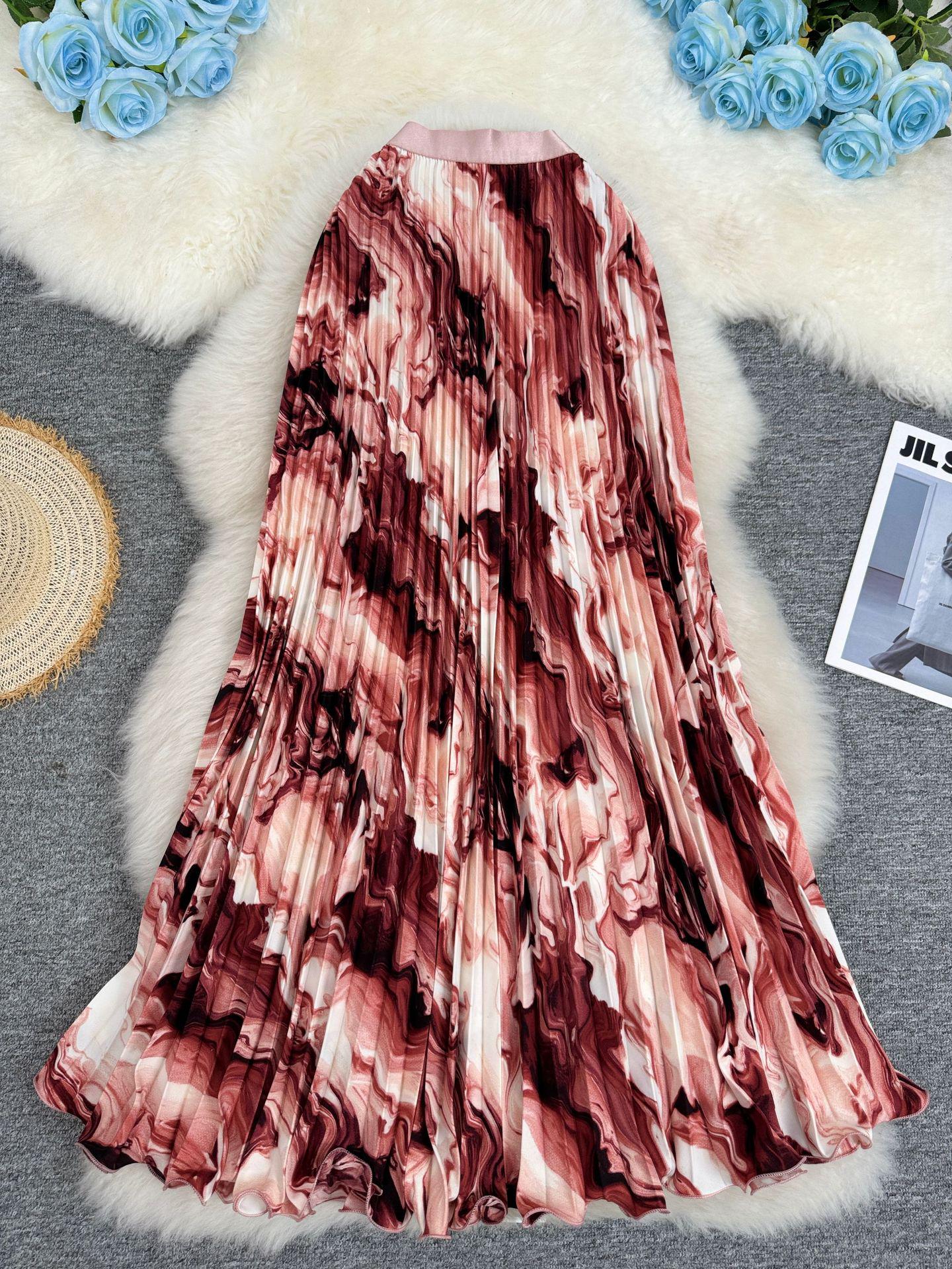 

European & American Wave Pattern High-Waisted A-Line Pleated Midi Skirt One Size червоний