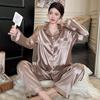 Women's Ice Silk Solid Color Pajama Set - Long Sleeve, Long Pants for Spring, Summer, and Autumn.