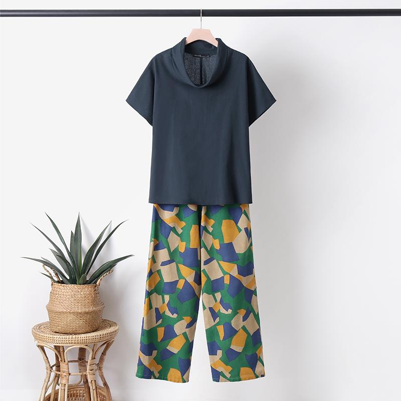 

ZANZEA Хлопчатобумажный костюм для женщин Повседневная футболка с половинным рукавом и принтом Брюки Летний комплект костюма из двух частей