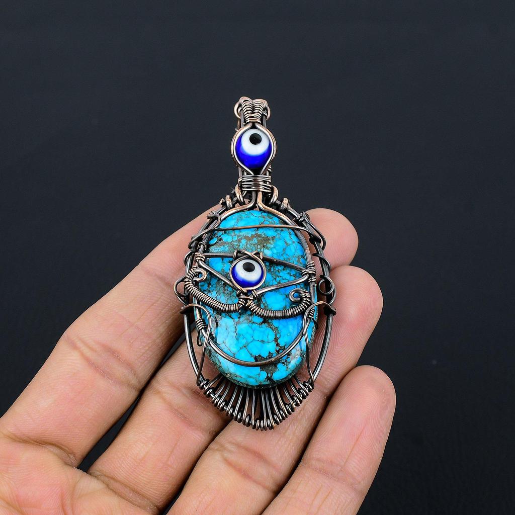 Tibetan Turquoise & Blue Evil Eye Pendant, 999 Copper Wire Wrapped Gemstone Jewelry, Handmade Pendant, For Thanksgiving