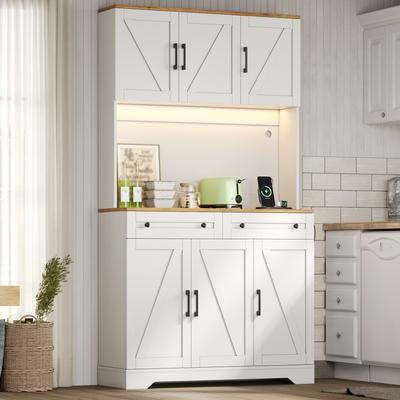 Tall Storage Cabinet with LED Lighting and Sockets, Pull-Out Cabinet Organizer and Door Shelf, for Living Room and Dining Room, 180 X 100 X 40