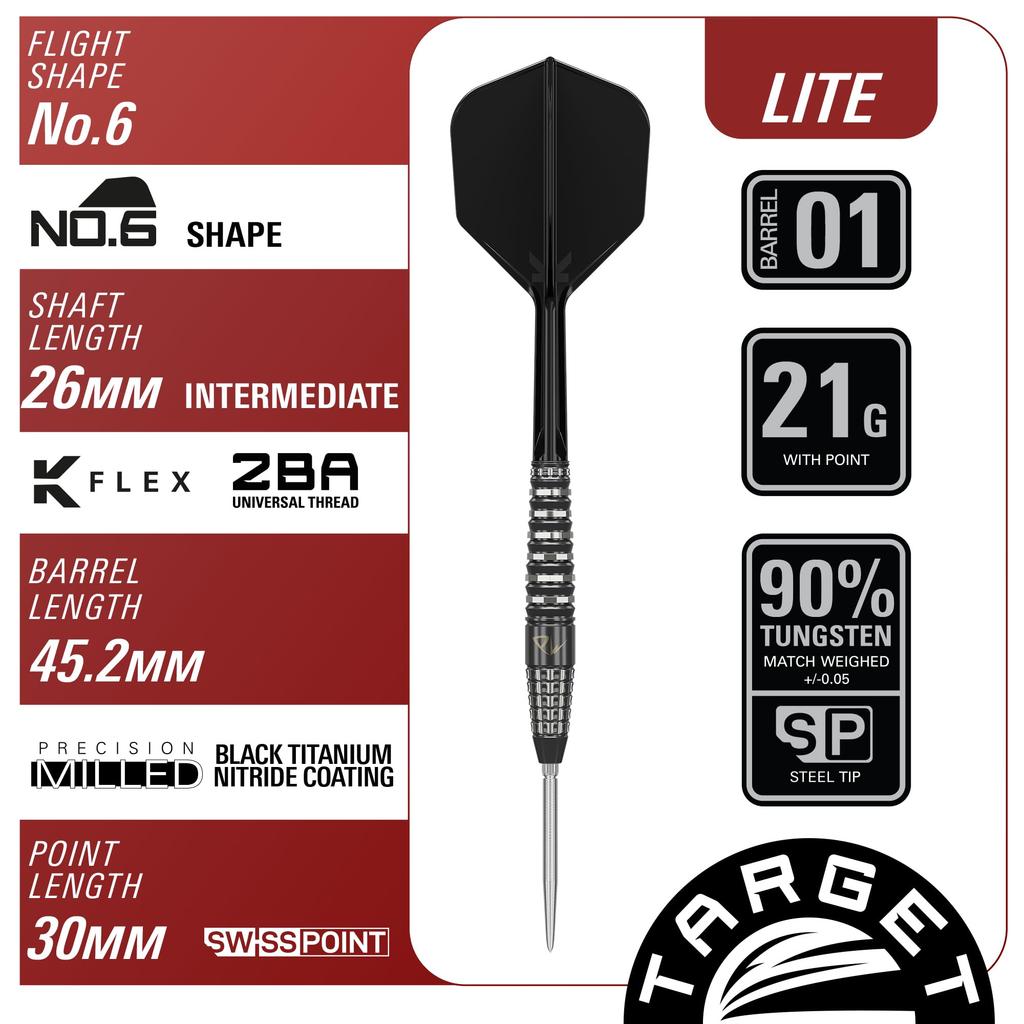 Target Japan BLACK MARQUE LITE PW 90% SP STEEL TIP DARTS | 90% Tungsten K-Flex Steel Tip Dart Set, 21G | K-Flex No. 6 Shape Flights and Shafts