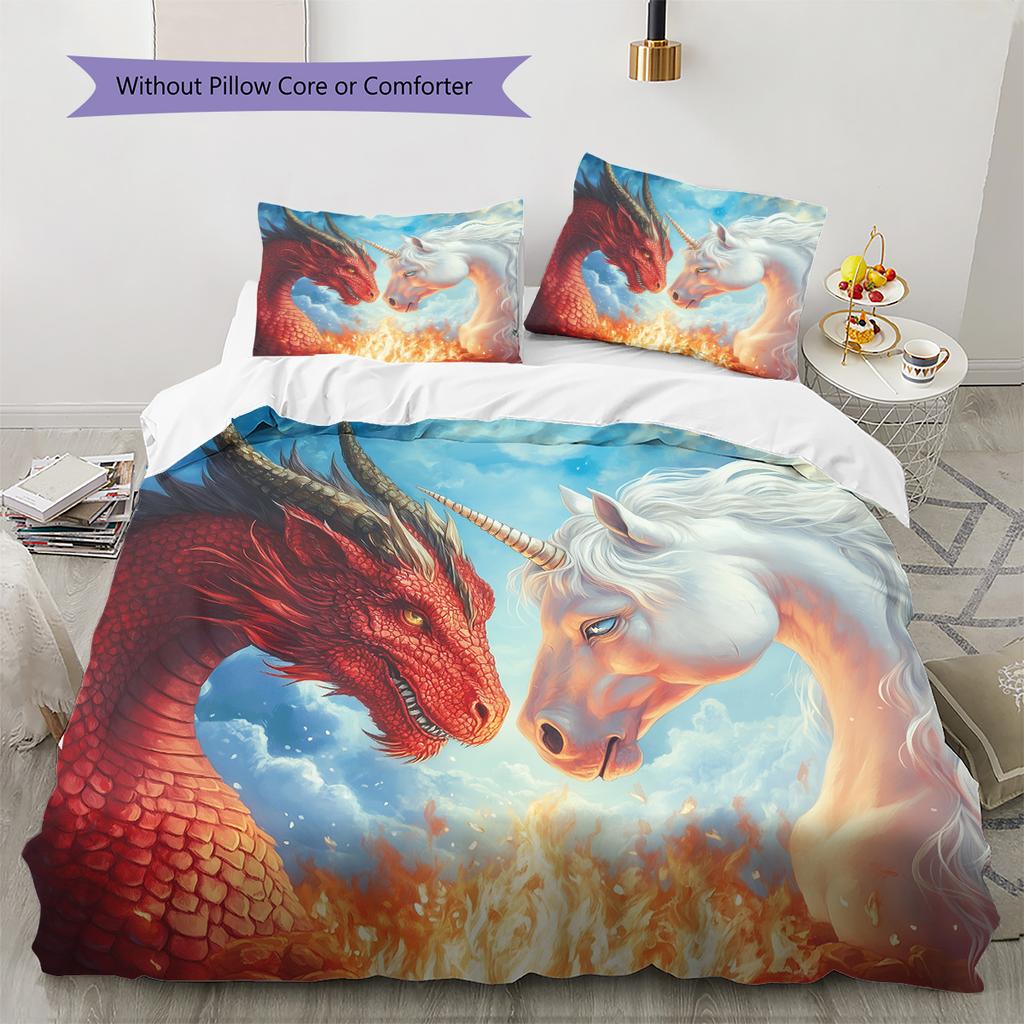Dragon and unicorn Pattern Bedding Quilt Set Quilt Cover Pillowcase Home Decoration Gift (1 * duvet cover + 2 * pillowcase, without core)