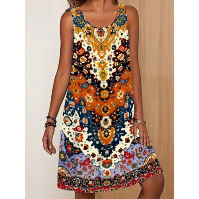 Ladies Bohemian Style Sleeveless Round Neck Dress - A-line Knee Length Casual Summer Outfit, Suitable for Spring/summer Outdoor Wear