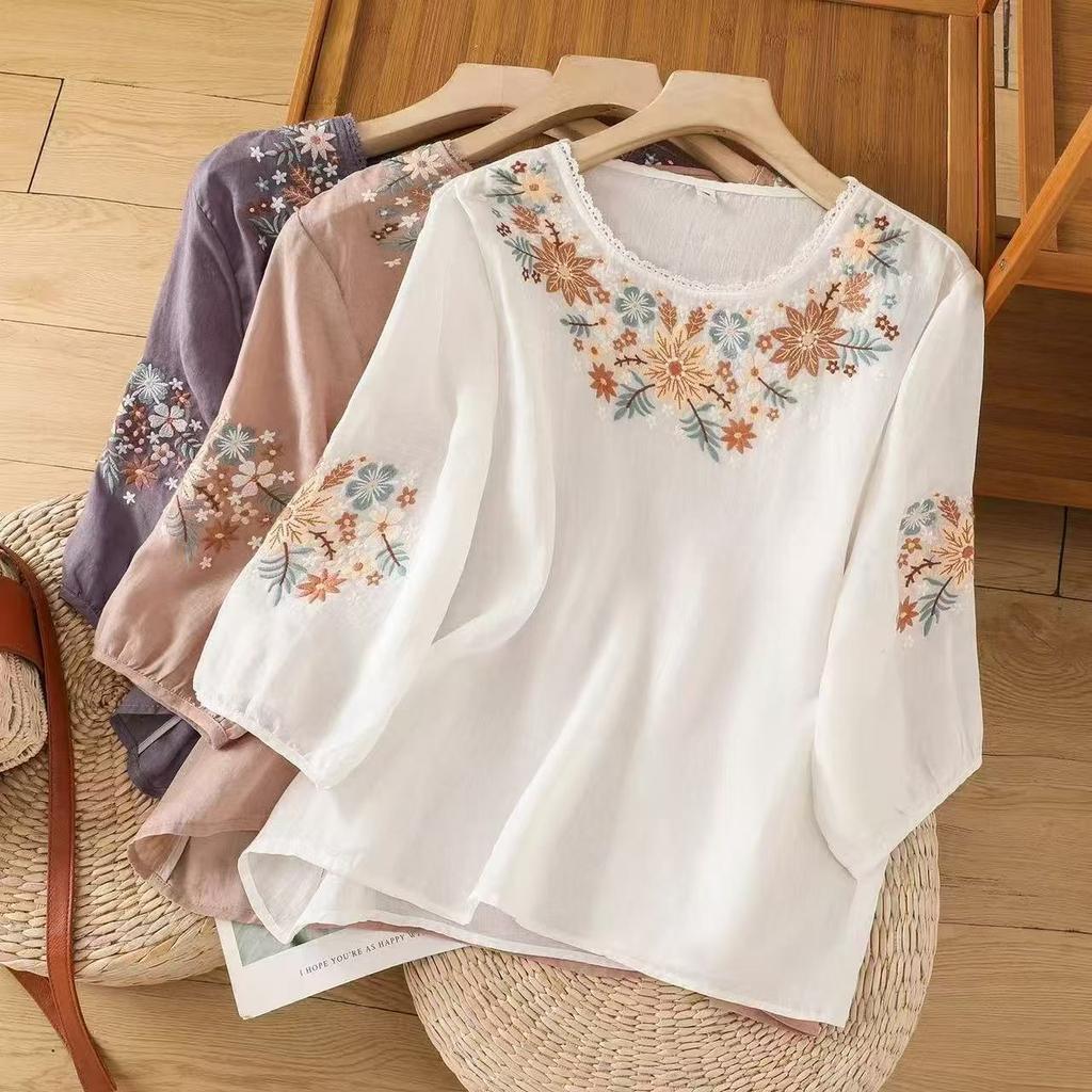 Tops Women Cotton Summer Large Size T-shirt Embroidery Loose Comfortable Printed Casual Pullover T-shirt Top