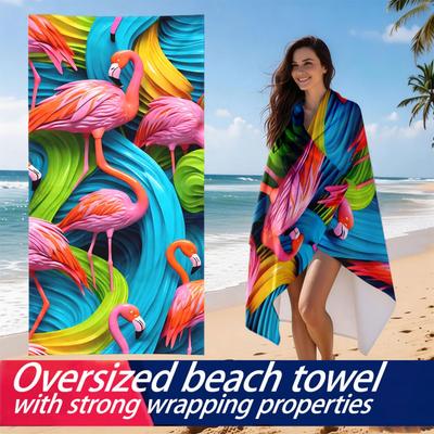 Flamingo Wave Beach Towel Pink Bird Print Colorful Abstract Design Oversized Quick Dry Bath Towel For Women Summer Party