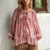 Women's Casual Loose Fit Striped Long Sleeve Round Neck Self-Tie Blouse