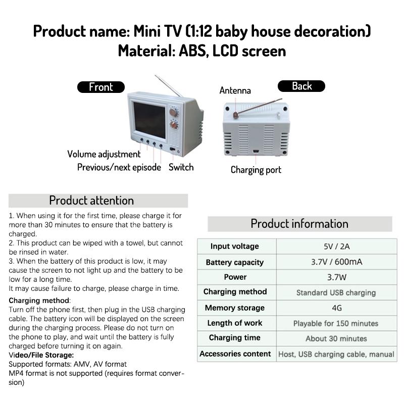 1:12 Dollhouse Miniature Tv Playable Video Mini Television Model Living Room Home Appliances Decor Toy Doll House Accessories