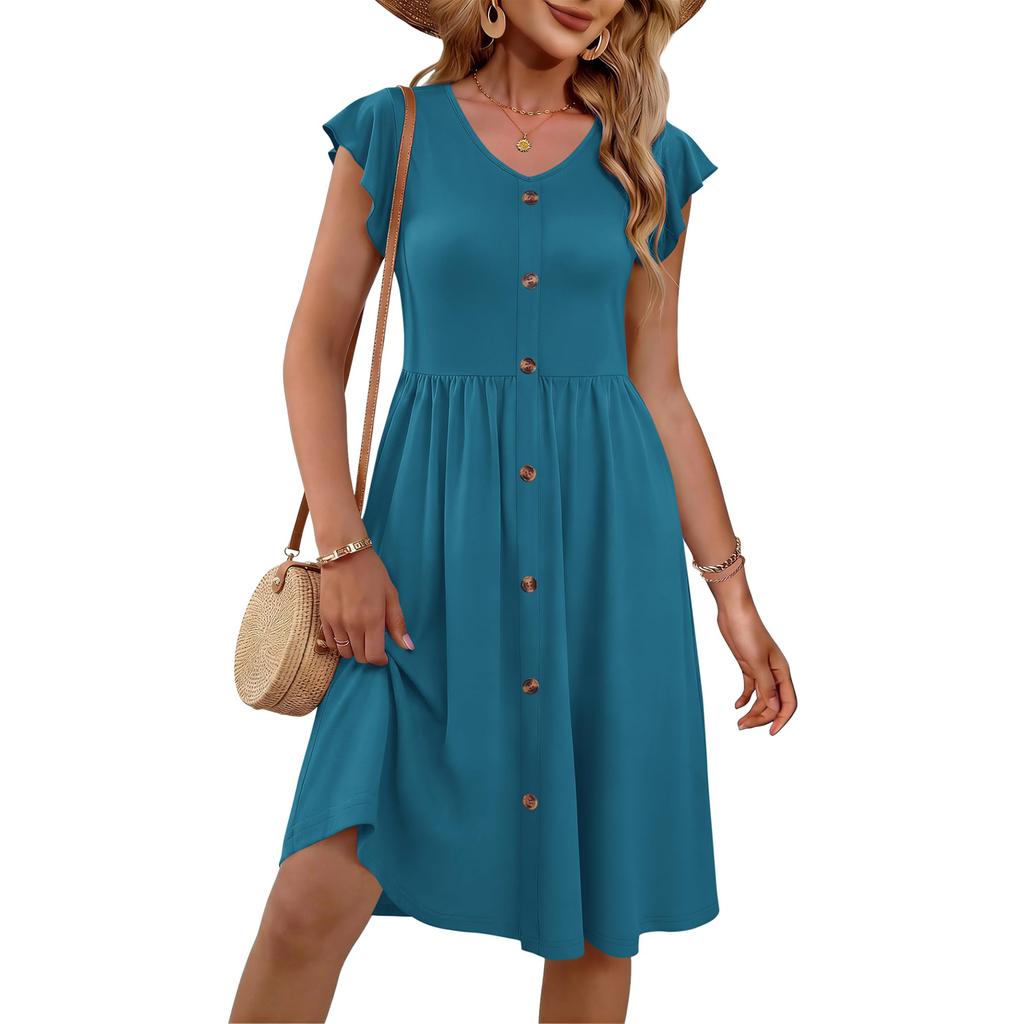 Women’s Casual Short Sleeve Button Down Midi Dress with V Neck and Flared Hem for Everyday and Vacation Wear