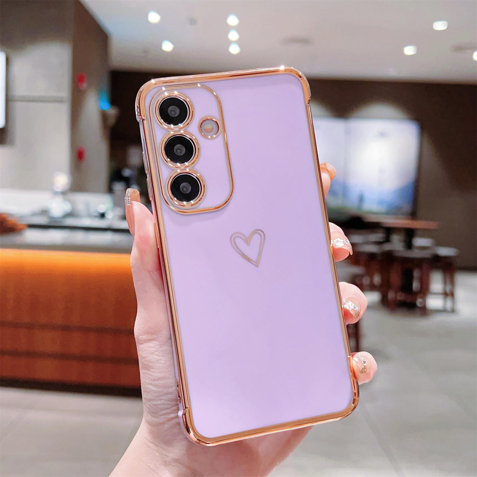 

For Samsung Galaxy S24 Case Love Heart Pattern TPU Phone Cover Electroplating Edge Purple