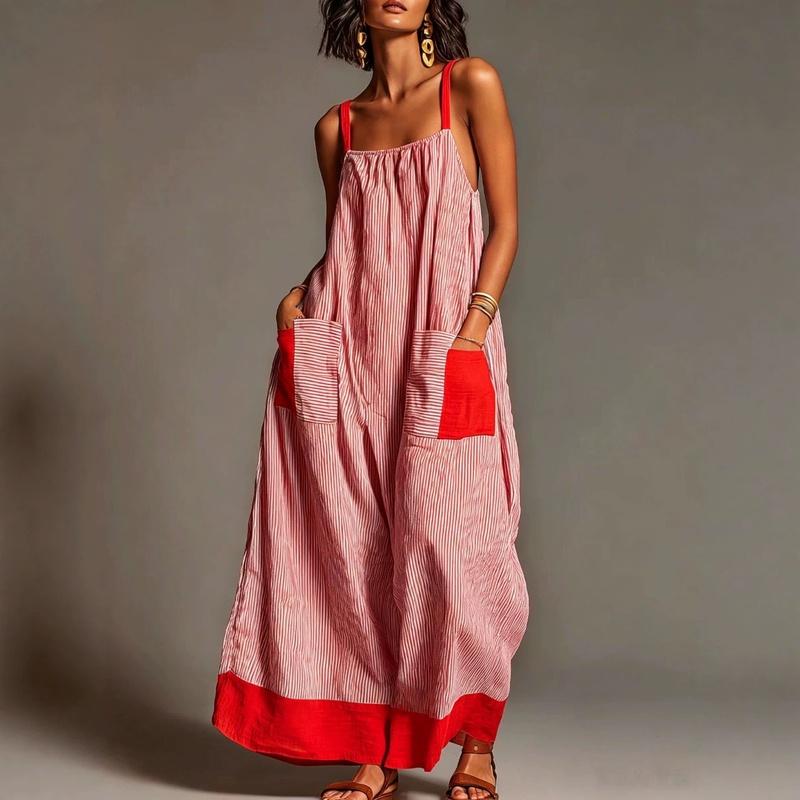 Women's Striped Spaghetti Strap Maxi Dress Summer Vacation Sleeveless Tie Waist Long Dress