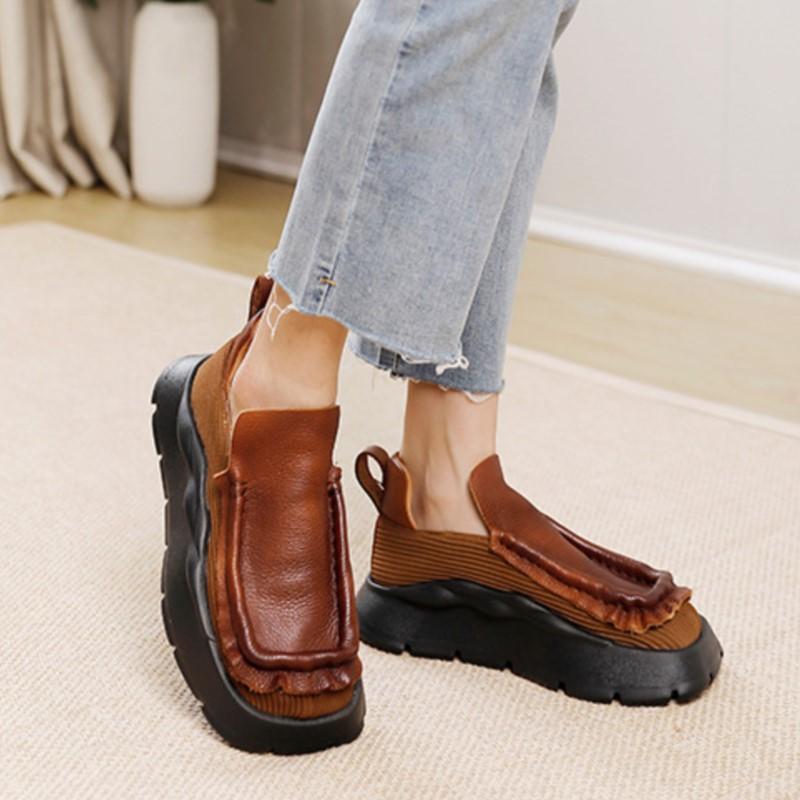 Johnature Vintage Flat Platform Shoes Women Handmade Round Toe Solid Color Comfortable Thick Sole Slip-on Shoes