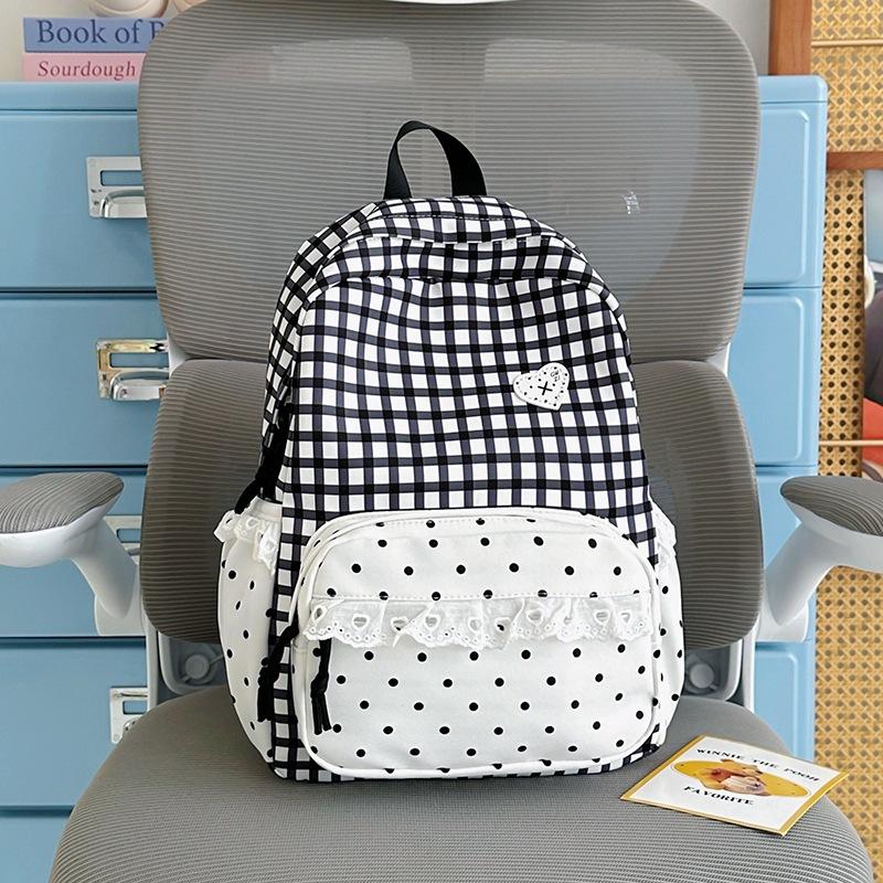 Skolväska mjölk fufu rutig korrugerad spets flickhjärta rese liten ryggsäck japansk söt stil studentfest ryggsäck