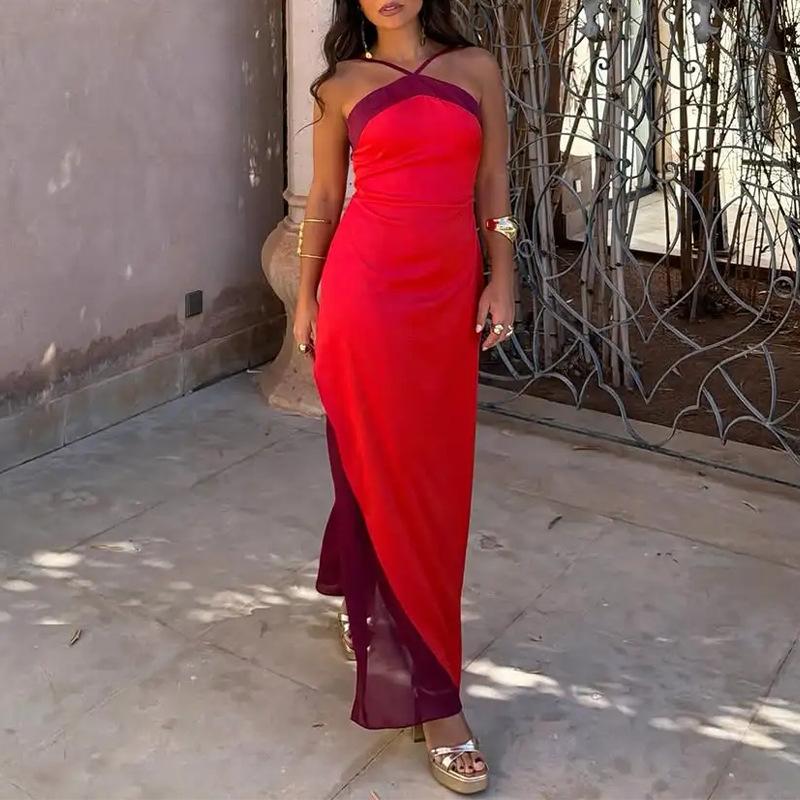 Spring new women s clothing, European and American dresses, slim-fitting elegant solid-color neck-hanging dresses S красный