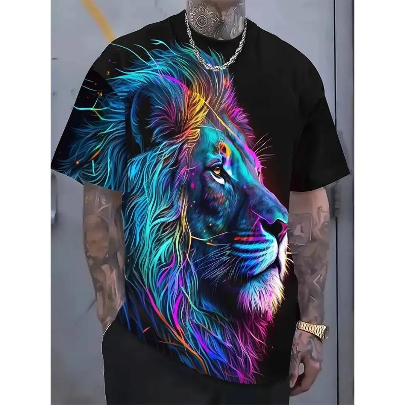 Men's 3D Printed T-shirt Casual Round Neck Lightweight Summer Trend Fashionable Versatile Lion Patterned T-shirt