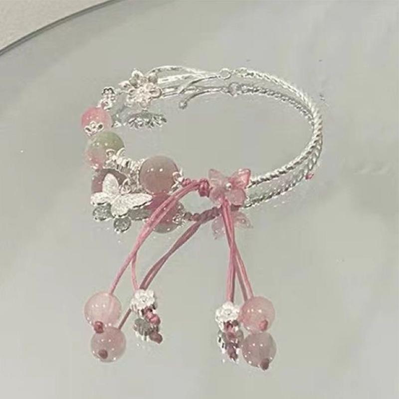 Pink Sakura Butterfly  Beads Bracelet For Women Tassel Charm Bracelet Girl Party  Jewelry Gift