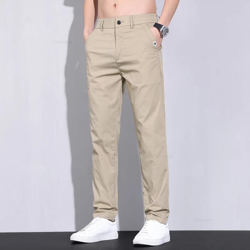 Ultra-thin Elastic Men's Casual Pants Summer Ice Silk Cotton Fashion Slim Straight Business Trousers Black Gray Khaki