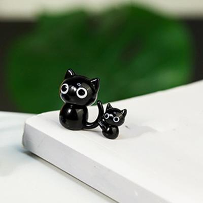 Szklany Czarny Kot Miniatura Mały Kolorowy Szklany Kot Ozdoba Urocza Mini Kotek Figurka na Biurko Półkę Ogrodzik Mikro Krajobraz Dekoracja