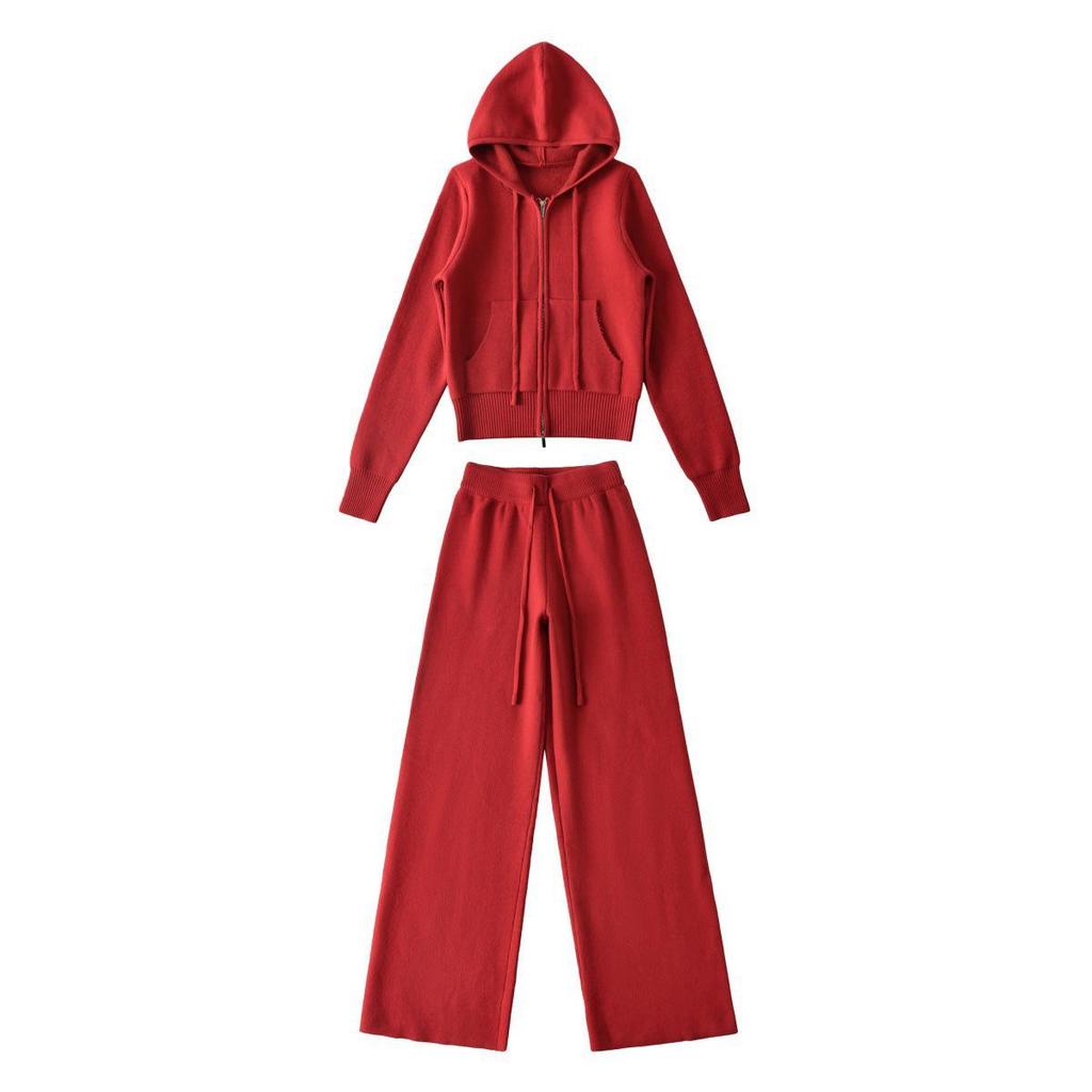 Airy Knit Set: Hooded Zip-Up Sweatshirt & Casual Low-Waist Wide-Leg Pants
