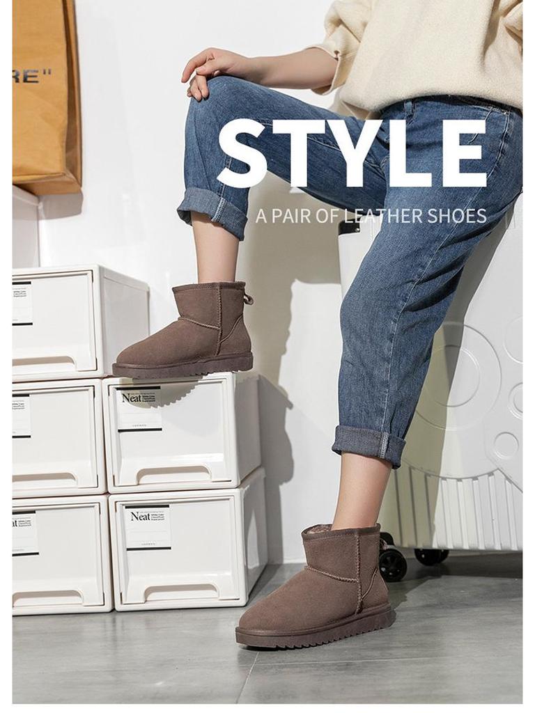 Unisex Suede Cowhide Snow Boots - Thickened Mid-Calf Leather for Warmth, Ideal for Cold Weather