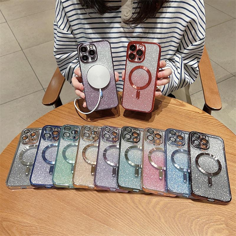 Für iPhone 15 Pro Max Luxus Magsafe Magnetische Quadratische Beschichtung Rahmen Gradienten Glitter Telefon Fall Für iPhone 11 12 13 14 15 Plus Abdeckung