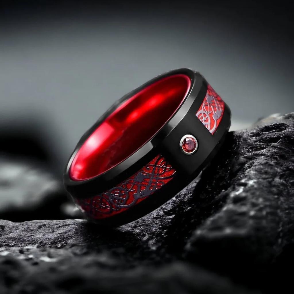Anelli per Coppia Romantici da Donna con Strass Rossi Set di Anelli in Zirconia Cubica Trendy da Uomo in Acciaio Inossidabile Anelli Celtici con Drago Fedina