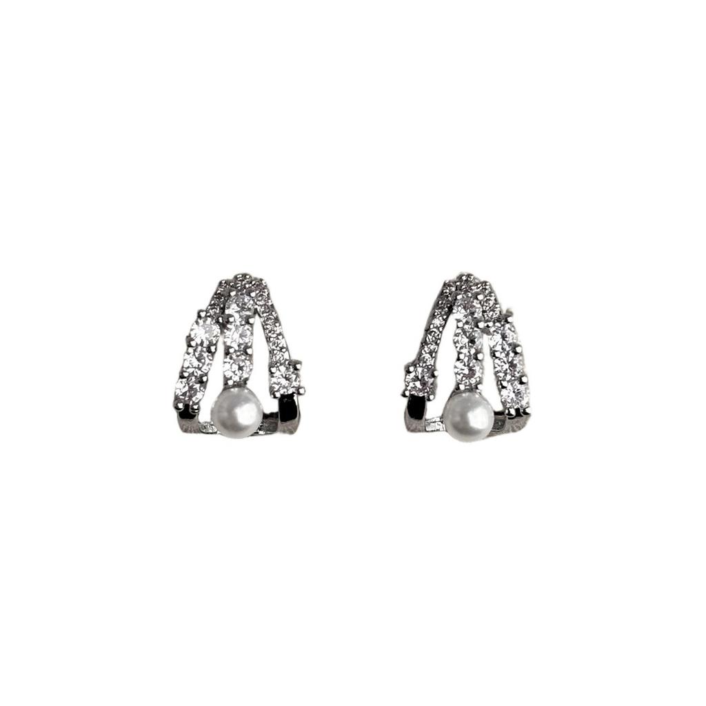 New Simple Line Diamond-encrusted Pearl Stud Earrings Women's Niche Earrings Cat Claws Full of Diamonds Light Luxury Super Flash Pearl Stud Earrings