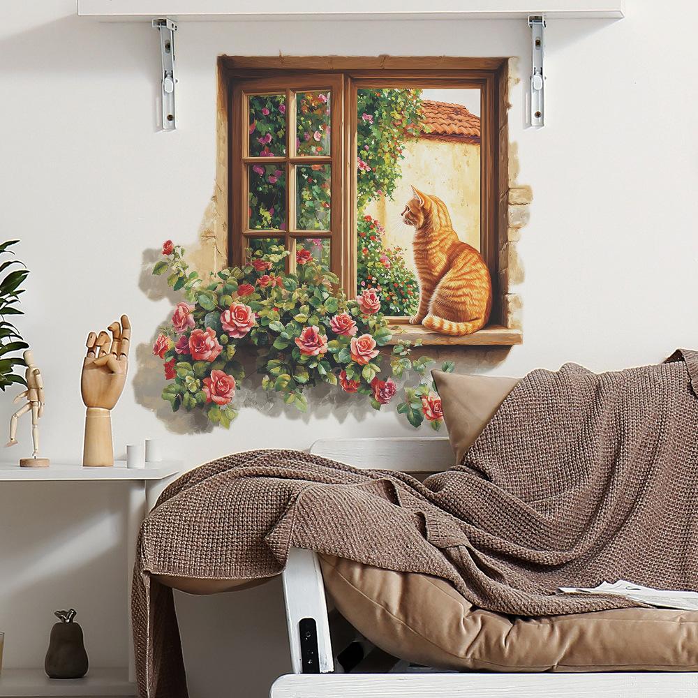 Window Rose Orange Cat Bedroom Living Room Home Background Beautification and Decoration Wall Stickers