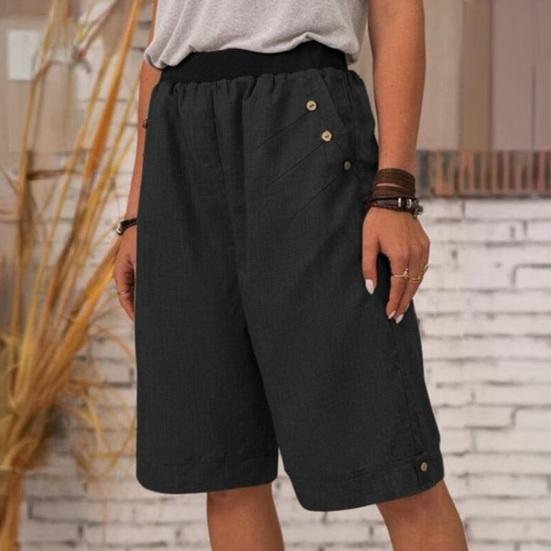 Women Summer Shorts Elastic Waist Mid-rise Casual Sporty Style Shorts with Pockets Solid Color Straight Wide Leg Shorts
