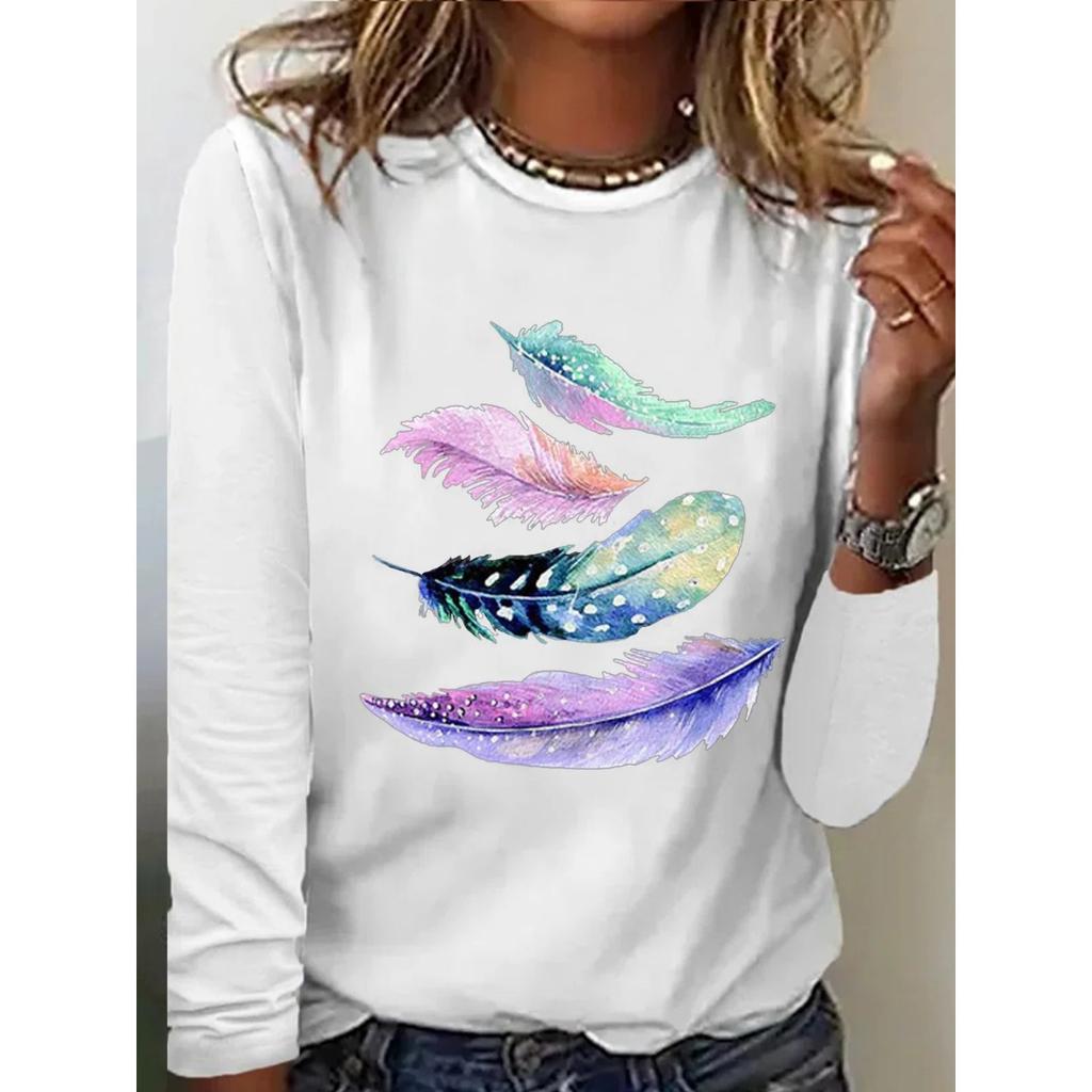 Autumn Feather Pattern Printed Long Sleeve Round Neck Top Women's T-shirts