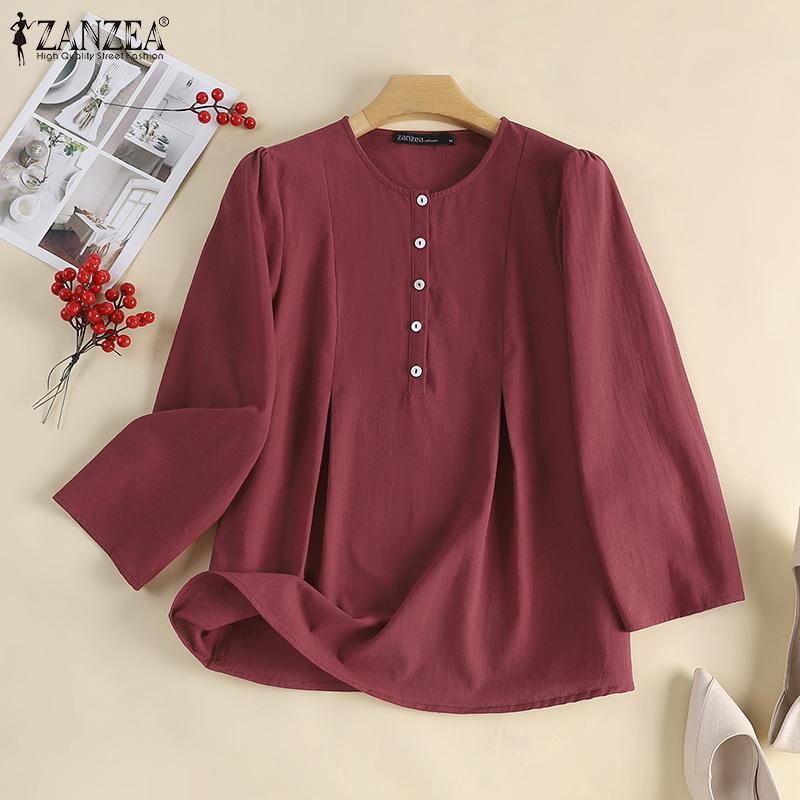 

ZANZEA Женская повседневная хлопковая блузка с круглым вырезом и длинными рукавами, топы