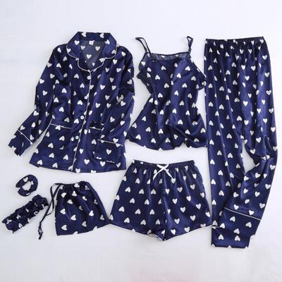 7 Pcs Set Love Pattern Sweet Printing Fashion Women Pajamas Ice Silk Pyjamas Set