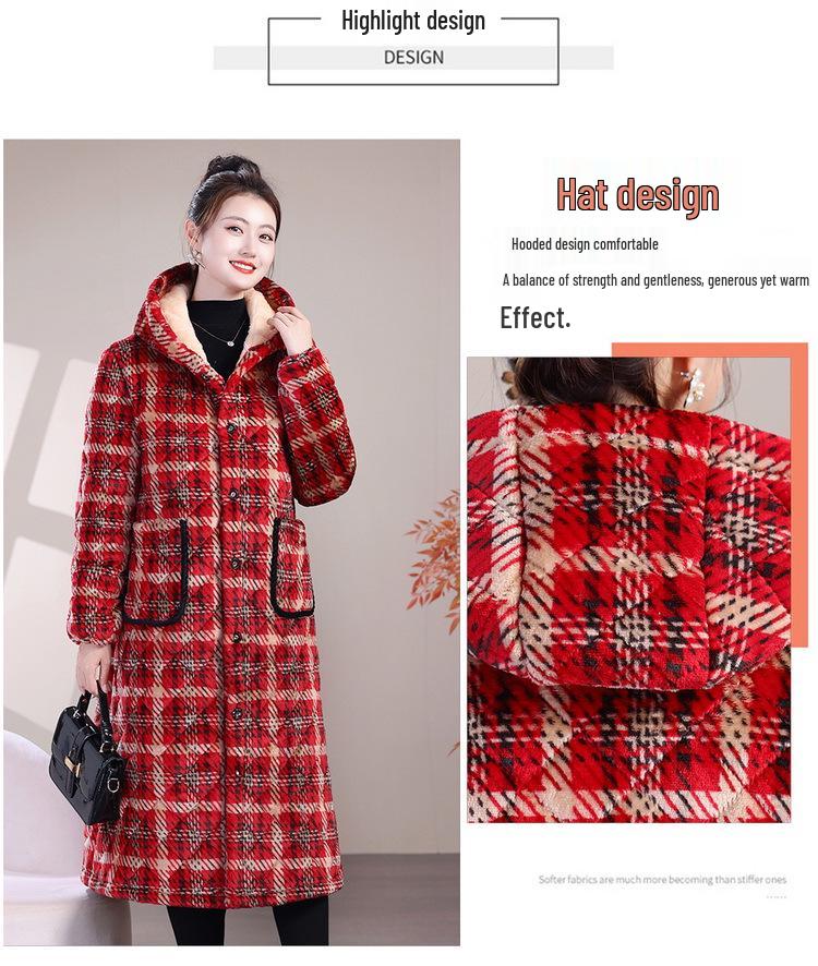 Women's Extra Long Flannel Hooded Jacket with Thick Fleece Padding for Winter Work and Home Wear