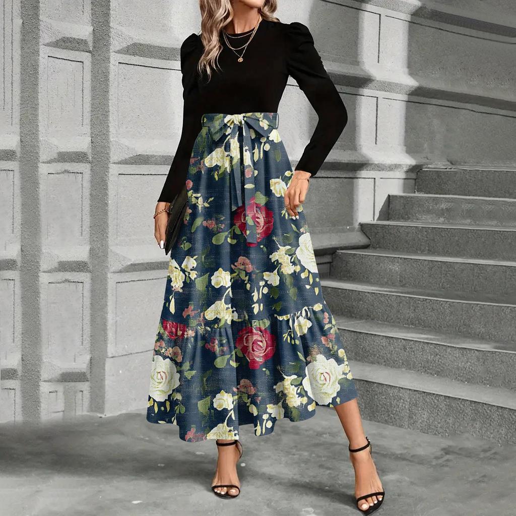 Modisches und elegantes Kleid mit Blumendruck und hoher Taille für Damen