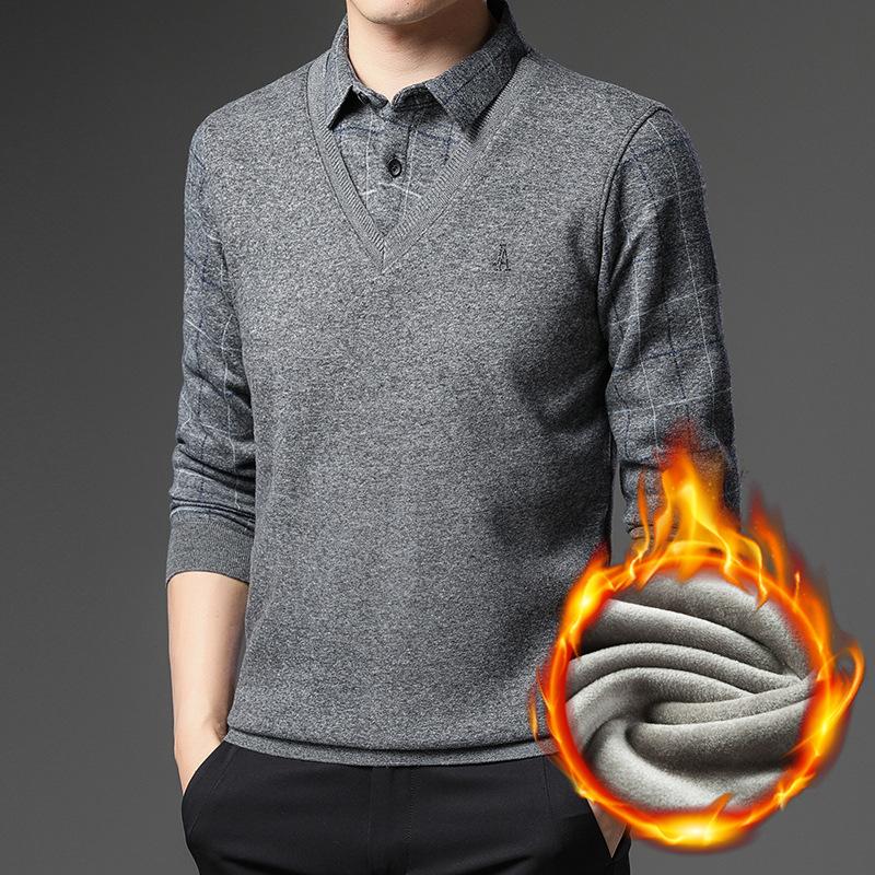 Свитер мужской плюс флис толстый отворот поддельные два новых зимних свитера клетчатый — фото 5