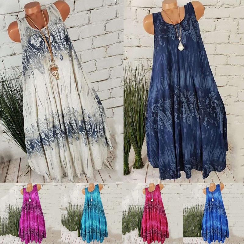 Comfortable Plus Size Women's Summer Sleeveless Floral Print Midi Dress For Casual Beach Wear