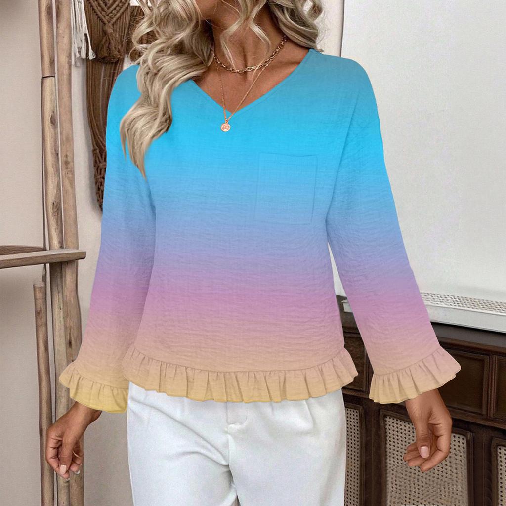 Women's Casual Fashion Ruffled V-Neck Pocket Gradient Print Long Sleeve Top