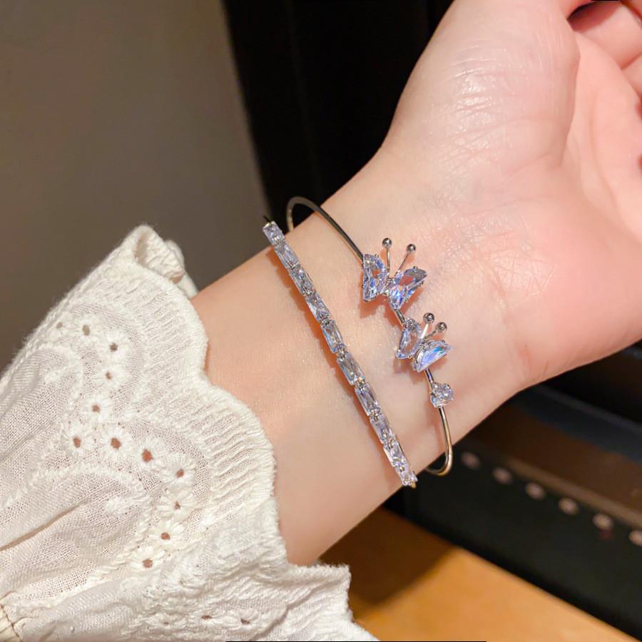 Butterfly Charm Double Layer Open Bracelet With Cubic Zirconia For Fashion Women