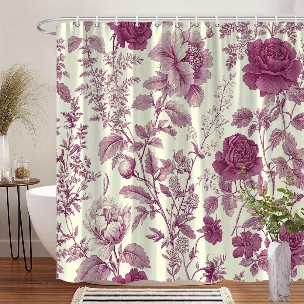 

1 Vintage Maroon Floral Shower Curtain With Elegant Rose And Peony Botanical Print - Polyester With Hooks Machine Washable W60H190(CM)-1 Pcs