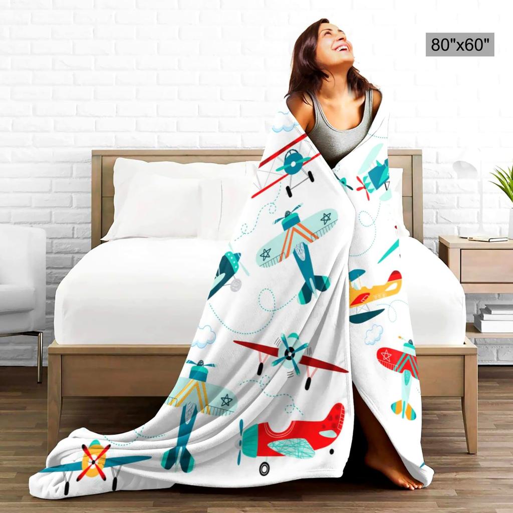 Cartoon-Flugzeug-Konzept digital bedruckte Polyester Schlafzimmer Samt Flanell Decke Vlies weiche Sofa-Abdeckdecken für Betten
