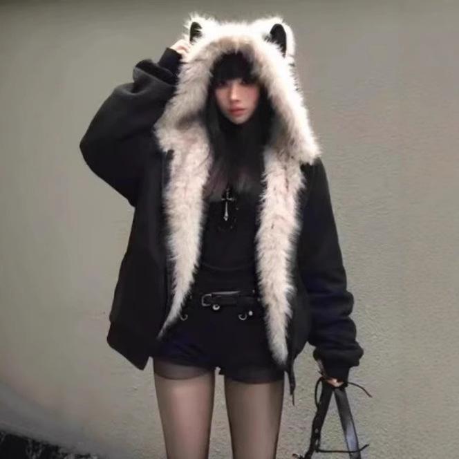 Explosive black fur collar padded seat mountain carving cat ear jacket men and women autumn and winter thickened couple down cotton clothes