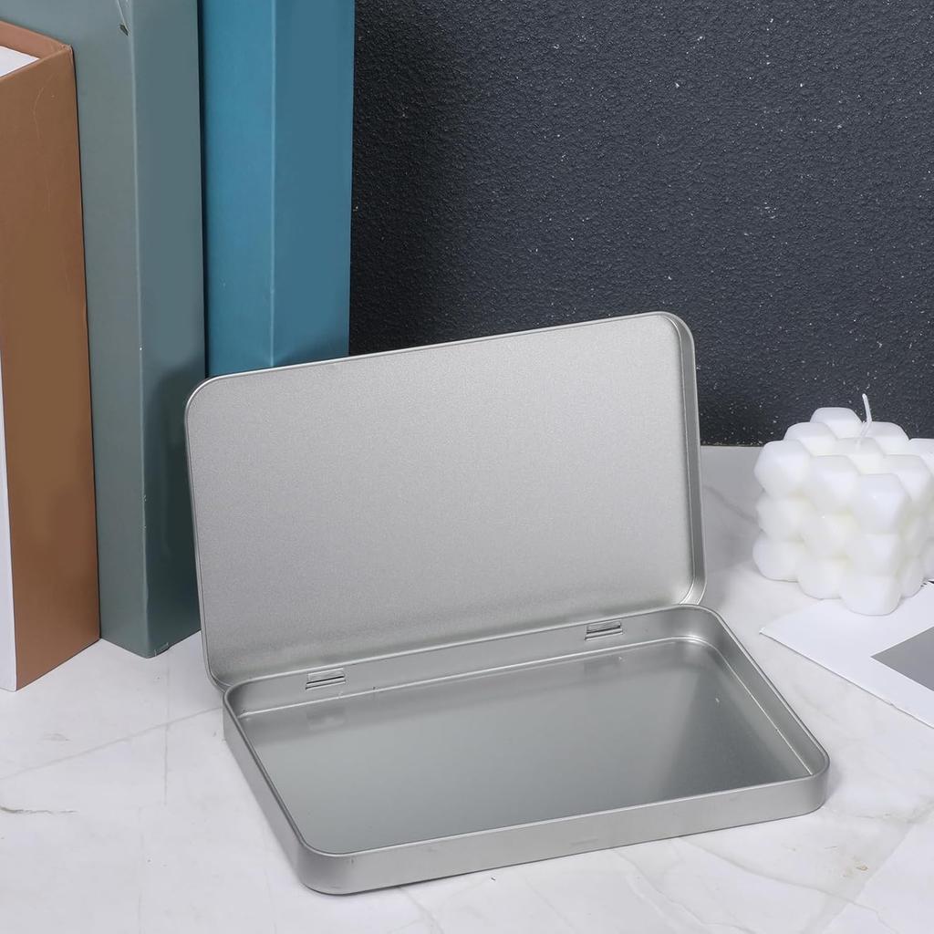 2 Pack Portable Storage Box Containers, Rectangular Metal Tin Boxes, Silver Rectangular T, Metal Tin Box with Hinged for Pen Eraser Craft Photos