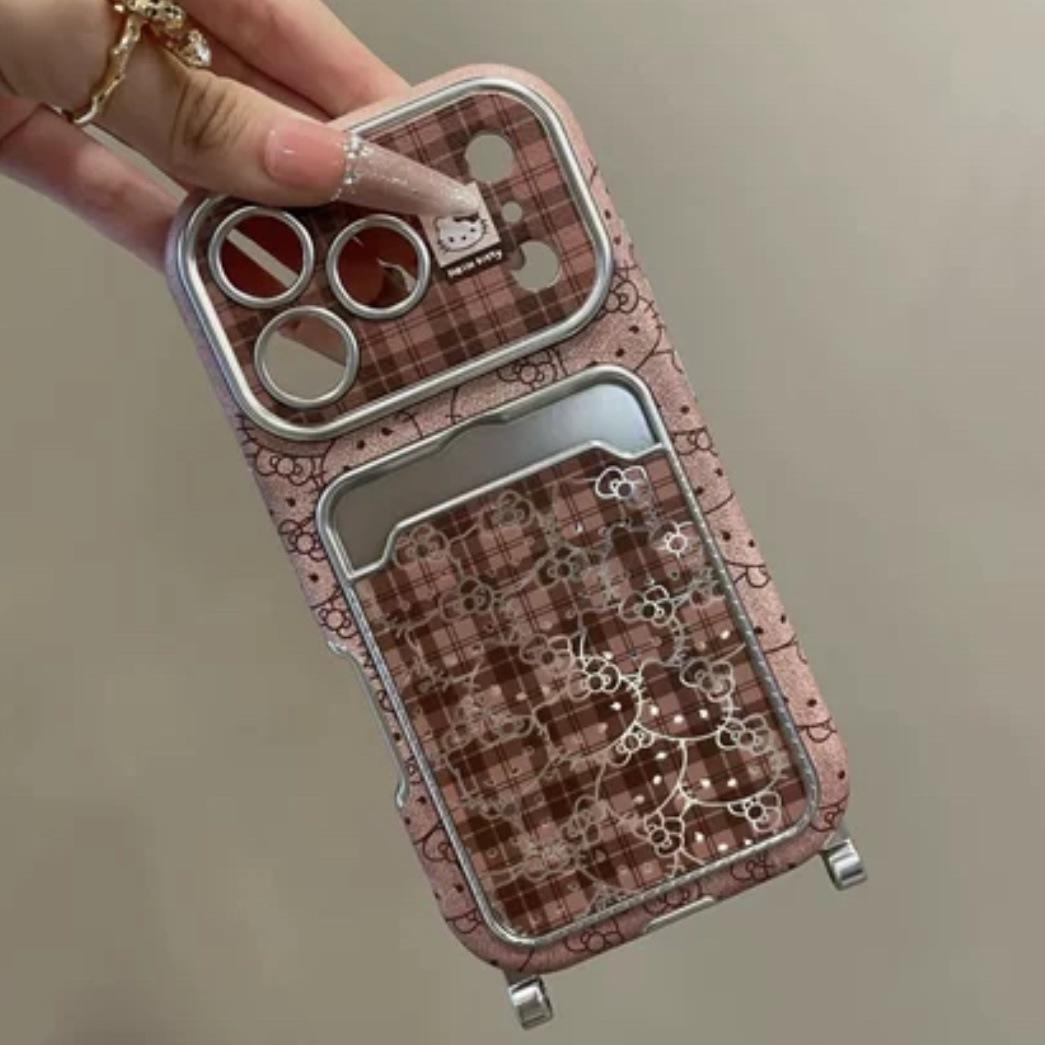 

Plaid KT cat is suitable for iPhone17pro mobile phone case, Apple 16Pro mirror card case, 15pro large window 14p. iPhone17